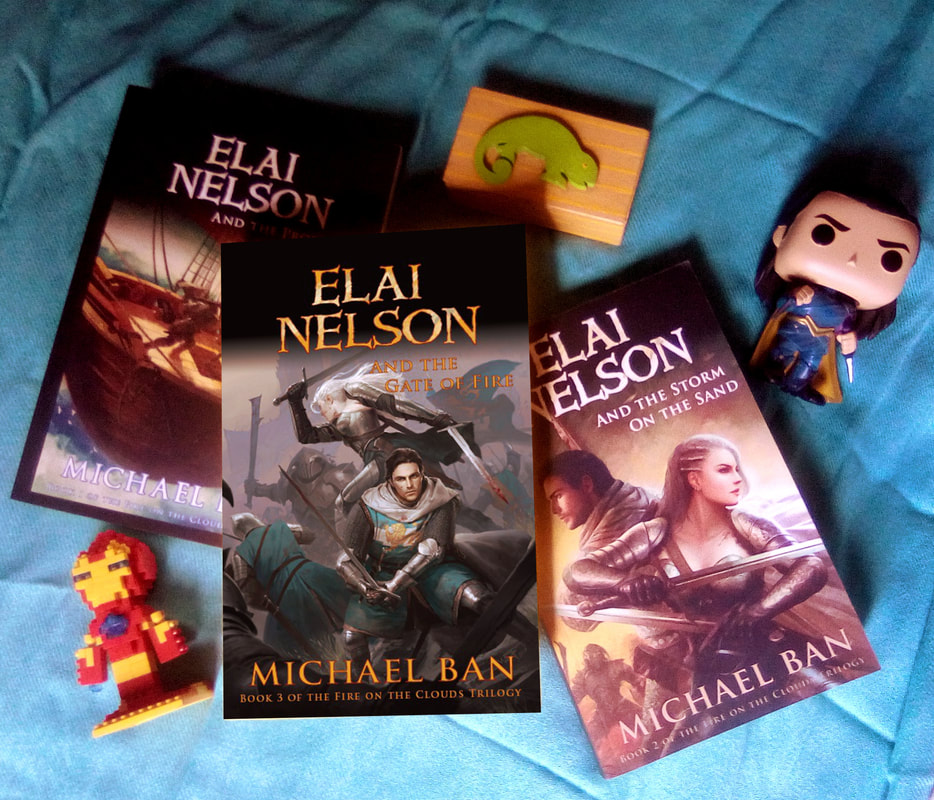 Cover reveal Elai Nelson and the Gate of Fire book three of the Fire on the Clouds trilogy by Michael Ban YA fantasy parody portal fantasy chosen one